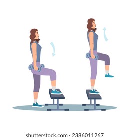 Concept Women's workout in the flat cartoon design. A girl in training in the gym performs exercises to pump up her legs. Vector illustration.