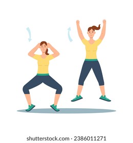 Concept Women's workout in the flat cartoon design. The concept illustration highlights women's empowerment in sports, depicted with a charming flat design aesthetic. Vector illustration.