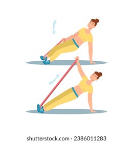Concepto El entrenamiento de las mujeres en el diseño de caricaturas planas. La niña realiza ejercicios de gimnasia para mantener un equilibrio entre flexibilidad y fuerza. Ilustración vectorial.