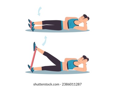 Concept Women's workout in the flat cartoon design. The girl does sports and uses special sports rubber bands to pump up her legs. Vector illustration. svg