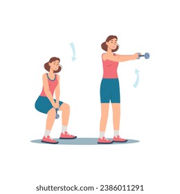 Concept Women's workout in the flat cartoon design. The girl does sports regularly and exercise with dumbbells is one of the most important in training. Vector illustration.