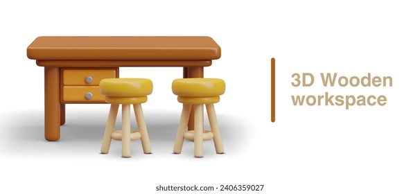 Concept of wooden workplace. Realistic table with storage compartment, chairs with yellow seats near. Vector illustration in 3d style with place for text