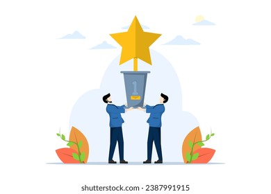 Concept of work achievement and success, awards, business teamwork, successful work achievement or team victory, winner or leadership, career success or champion celebration, profit growth.