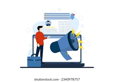 concept of work alerts with small people. Recruitment specialist, virtual job fair, advertising job vacancies with employers and megaphone. Human resources, job offers, job opportunity information.