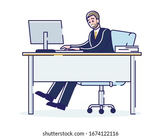 Concept Of Work Deadlines. Office With Employee Working On The Computer. Man Is Working Very Hard To Follow Deadlines. Cartoon Linear Outline Flat Style. Vector Illustration