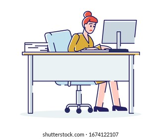 Concept Of Work Deadlines. Office With Female Working On The Computer. Woman Is Working Very Hard To Follow Deadlines. Cartoon Linear Outline Flat Style. Vector Illustration