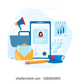 Concept work desk and accessories of the company's employee. Modern flat vector illustration , isolated on white background.