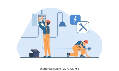 Concept of work with electrical equipment. Workers make electrical grid, sockets and lighting. Vector illustration.