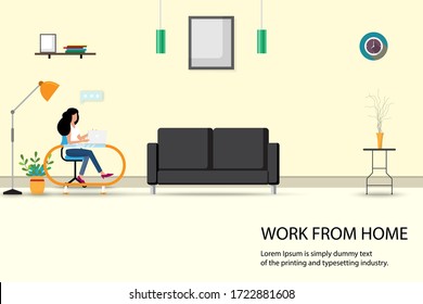 Concept of work from home, businesswoman is working in the living room to work during epidemic of coronavirus in the background of earth tone interior design.