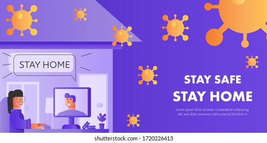 Concept work from home character during novel coronavirus or covid-19 pandemic. Woman have conversation with her friend through video call technology.