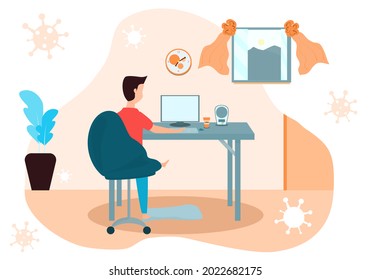 Concept work from home, COVID-19, relax. young man sitting in front of a computer desk  In the living room of the house during the quarantine period. Vector flat style. Illustration for stay home