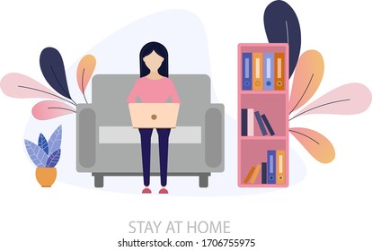 Concept of work at home, coworking space flat illustration.Home office in kovid-19 crisis.a girl with a laptop is sitting on a chair . Freelancing, or studying the concept.
