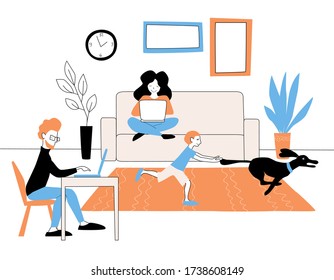 El concepto de trabajo desde casa.  Los autónomos están trabajando con laptops mientras un niño juega con una mascota. Familia: mamá papá bebé y perro. Ilustración plana simple vectorial en el fondo blanco.