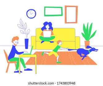 The concept of work from home.  Freelancers are working  with laptops while a child plays with a pet. Family: mom dad baby and dog. Stock vector simple flat illustration isolated on white background.