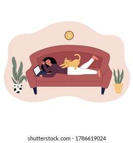 Concept work from home. The girl working and chat with friend on sofa. Quarantine, physical distancing, new normal, covid-19, vector illustration in flat cartoon design.