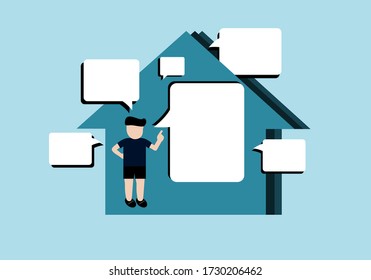 Konzepte arbeiten von zu Hause aus. Der Mensch präsentiert die Arbeitsidee mit weißem Kopierraum für Text.