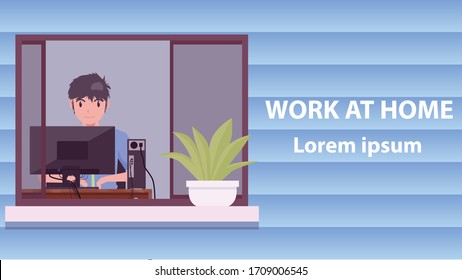 Concept work from home. A man working with a personal computer edge of window.