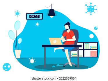Concept work from home, quarantine, COVID-19. Man sitting with coffee cup in front of a computer desk inside the house, the epidemic of the epidemic. Vector flat style. Illustration for relax, house 
