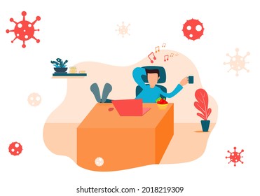 Concept work from home, relax, COVID-19. man sitting on a desk chair  while holding a cup of coffee  relaxed. Vector flat style. Illustration for content quarantine, COVID, happy, rest, safety, house 