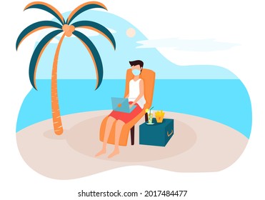 Concepto trabajo desde casa, relajación, cuarentena. un joven con mascarilla sentado en un cuaderno de la playa en la playa. Vector de estilo plano. Ilustración para trabajar contenido, saludable, COVID-19, playa, máscara