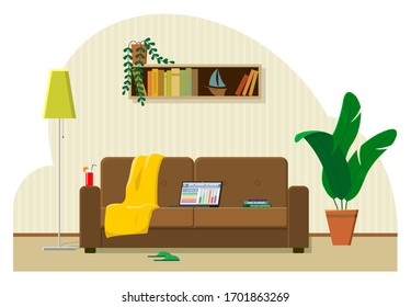 The concept of work from home, remote work. Laptop on the couch, the most comfortable workplace. Cocktail, plaid, books, slippers. Modern flat vector image.