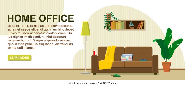 The concept of work from home, remote work. Laptop on the couch, the most comfortable workplace. Cocktail, plaid, books, slippers. Logo header, web banner. Modern flat vector image.