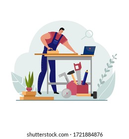 The concept of the work of a joiner in a workshop. Image of a man in equipment in the manufacturing process. Vector stock illustration. Isolated on a white background.
