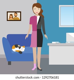 Concept of work and life balance, dividing between work and home. Vector illustration.