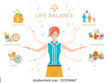 Concept Of Work And Life Balance / Dividing Of Human Energy Between Important Vital Spheres / Vector Illustration. 