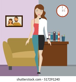 Concept Of Work And Life Balance, Dividing Between Work And Home. Vector Illustration