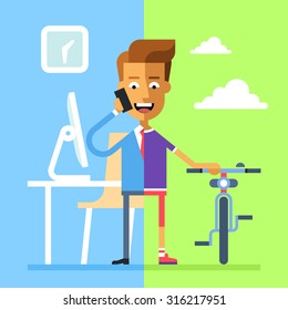 Concept of work and life balance. Handsome businessman in formal suit the office on the left part and he in sportswear with bicycle on the right. Vector illustration on flat design.