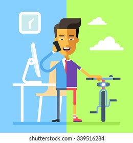 Concept Of Work And Life Balance. Handsome Asian Businessman In Formal Suit The Office On The Left Part And He In Sportswear With Bicycle On The Right. Vector Illustration On Flat Design.