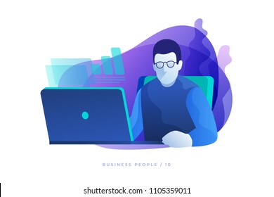 Concept of work in office. Businessman in glasses analyzes data of work on open laptop. Modern vector illustration flat style.