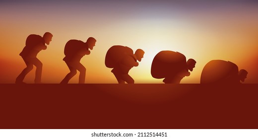 Concept of work overload and accumulating problems with a man sinking under the crushing weight of responsibilities.