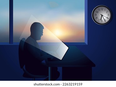 Konzept der Überlastung der Arbeit im Unternehmen und die Gefahr des Ausbruchs und mit einem Arbeitnehmer arbeitet bis zum Morgengrauen auf seinem Computer.