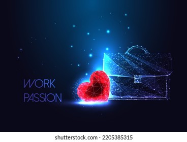 Concept of work passion, dream job with business briefcase, red heart in futuristic glowing style