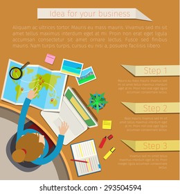 Concept of work place. A woman working at red desk. Flat design, vector illustration