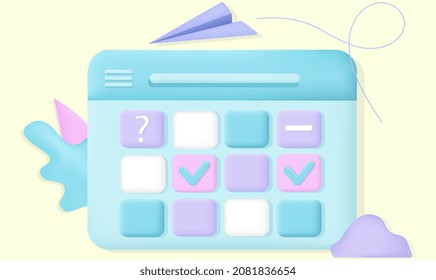 Concept of work planning. 3D poster with calendar and notes for each day of month. Time management or daily routine. Board with list of tasks and plans. Cartoon realistic vector illustration