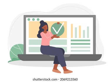 Concept of work or project done. Woman sitting on open laptop and holding tick. Character submits project on deadline and completes task. Successful employee. Cartoon flat vector illustration