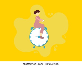 Concept of work and puntality, woman who works or studies from her cell phone in a timely manner