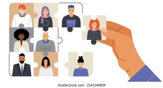 concept of the work of a recruitment agency, employment, inclusion. the HR specialist selects candidates for the team. people of different genders, ages, and nationalities. flat drawing, vector EPS 10