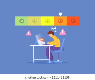 concept of work stress level. high level of work pressure and stress. illustration of an employee or worker who looks very stressed and uncomfortable. problems at work. flat style design. elements