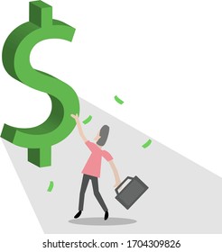 the concept of a worker who is enjoying the fruits of his work, the design of a flat man, a rain of dollars