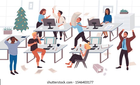 The concept of workflow disorganization. Chaos in the office. The chief yells at his subordinates. Conflict of colleagues at work. Procrastination. Deadline Situation. Flat Cartoon Vector Illustration