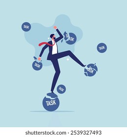 Concept of workflow, efficiency and multitasking, project management process to manage and develop, businessman surrounded by flying task blocks