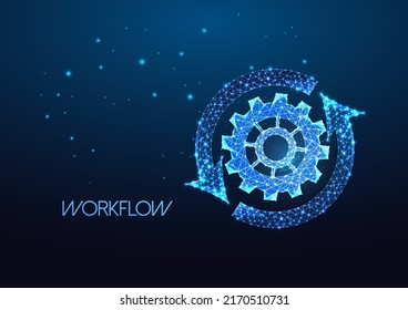 Concept of workflow production with cogwheel, gear and cycle arrows on dark blue background