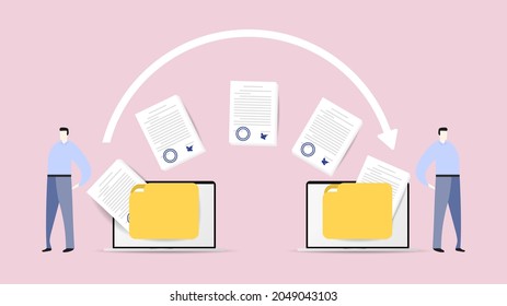 Concept of working between two people in sending jobs, exchanging job information with the system. ,  Flat Modern design, illustration Vector EPS 10 