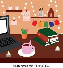 The concept of a working cozy place for classes, work.Home decor on the desktop, office on the brown table.Home office.