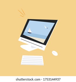 The concept of working in dreams of vacation. Trendy computer with summer wallpaper on the screen. Modern monitor, mouse and keyboard. Nice vector flat illustration with a computer in cartoon style. 
