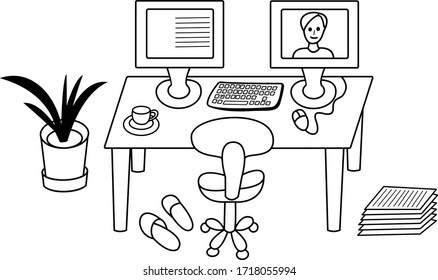 Concepto de trabajo en casa, escritorio con computadoras, silla, Zapatillas, flor machacada, ilustración vectorial en blanco y negro
